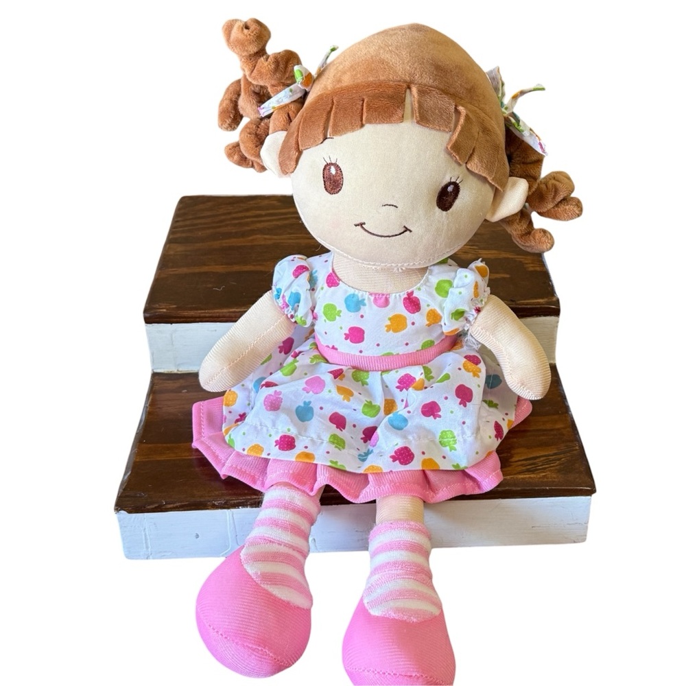 Linzy Toys Inc Brunette Alissa Girl Doll Apple Print Dress Plush Pink Shoes